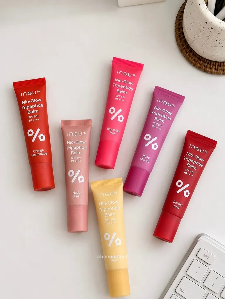 หลอดลิปบาล์ม INGU Nio-Glow Tripeptide Balm SPF 50+ PA++++ ครบ 6 เฉด เรียงราย: Orange Marmalade, Nude Pink, Blooming Pink, Rosy Mauve, Scarlet Red และ Natural Blush
